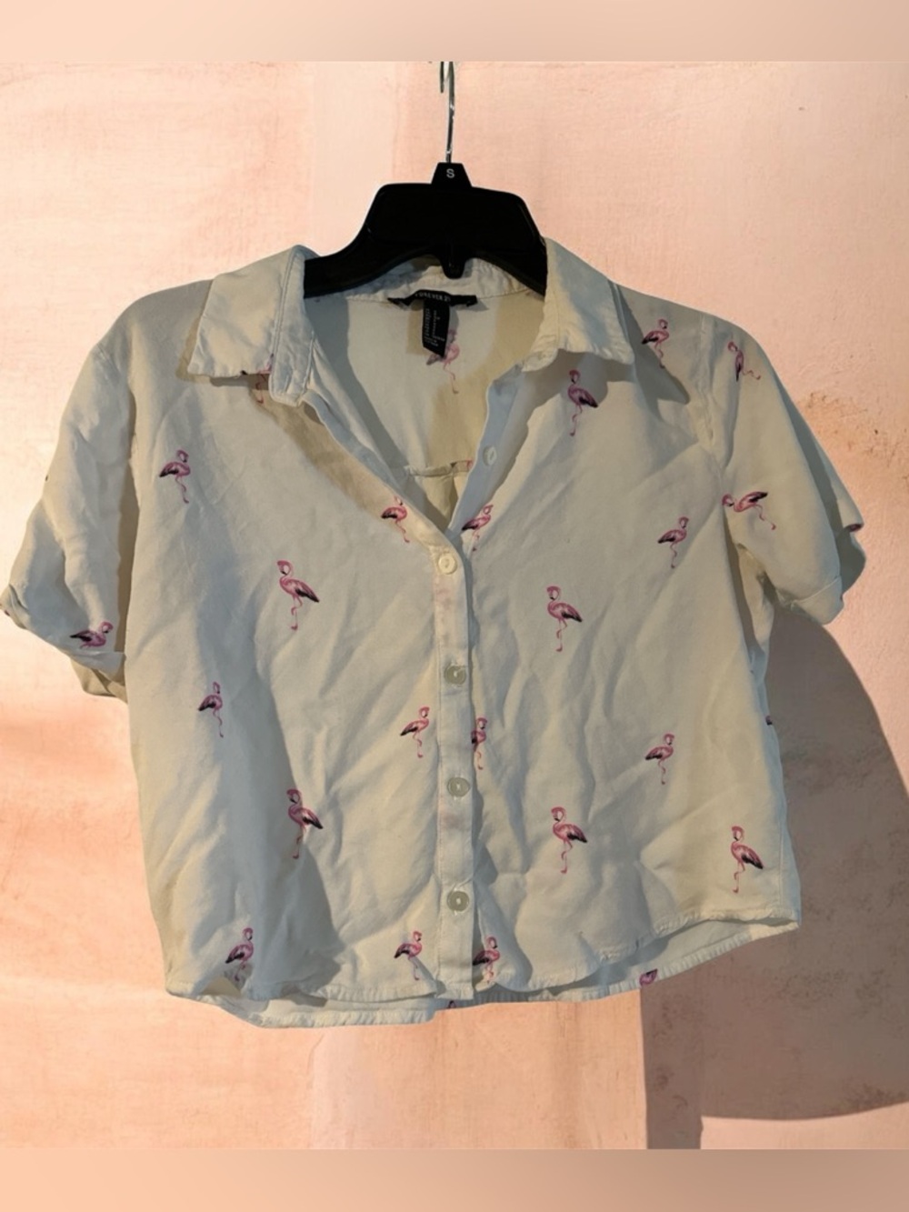 Small Forever21 Flamingo Print Button Up Shirt Short Sleeve Casual Summer Crop
